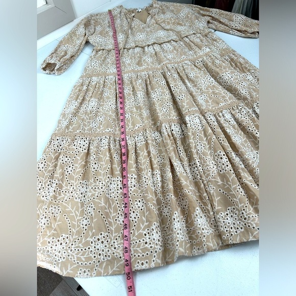 Chico's Eyelet Ruffle Neck Tiered Midi Dress Neutral - Picture 6 of 12